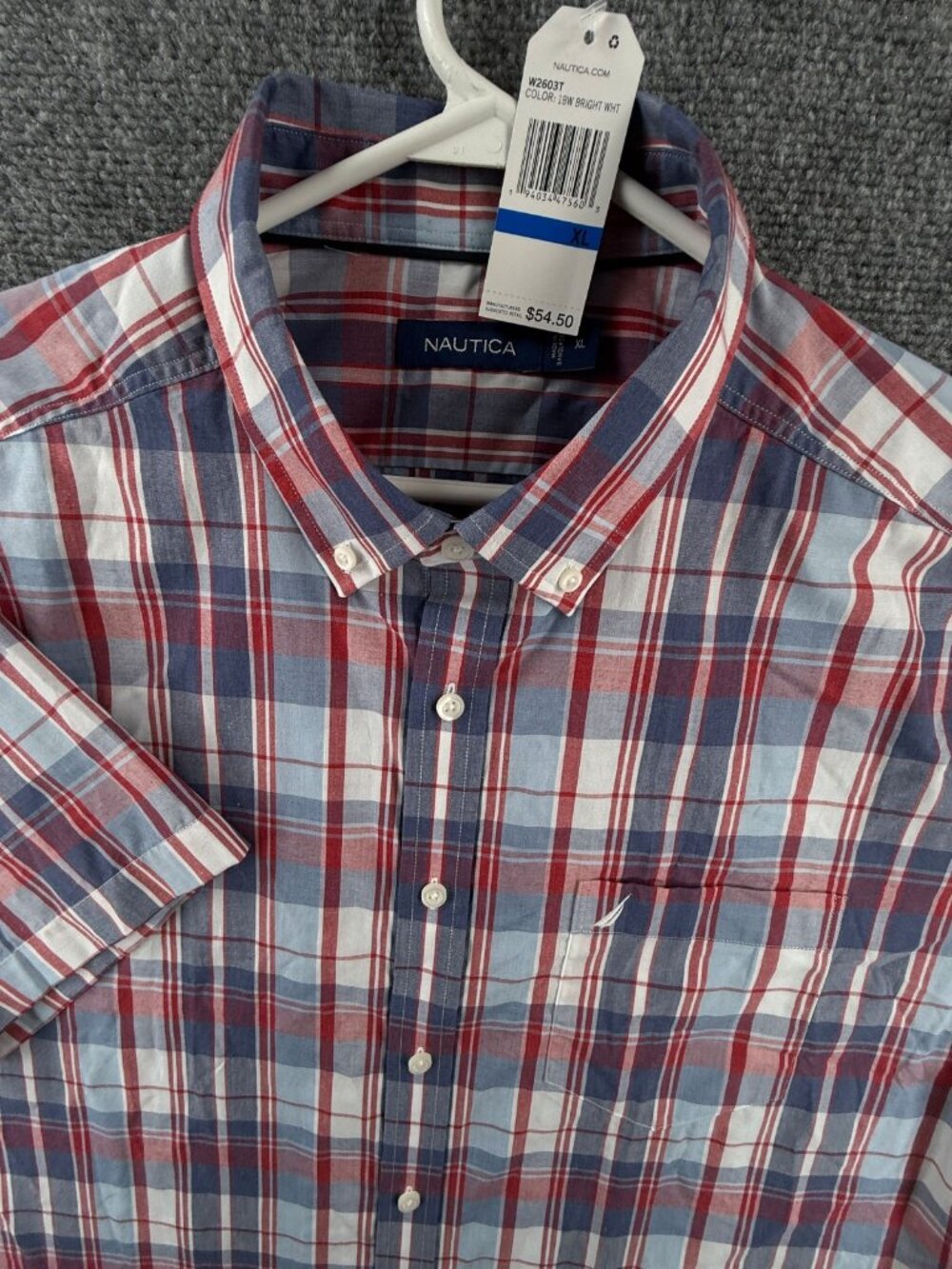 NWT Nautica XL Short Sleeve Button Up Shirt Plaid Red Blue Pocket Logo Casual